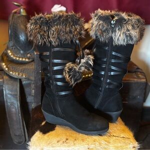Black Faux Fur Trimmed girls size 2 tall suede Boots